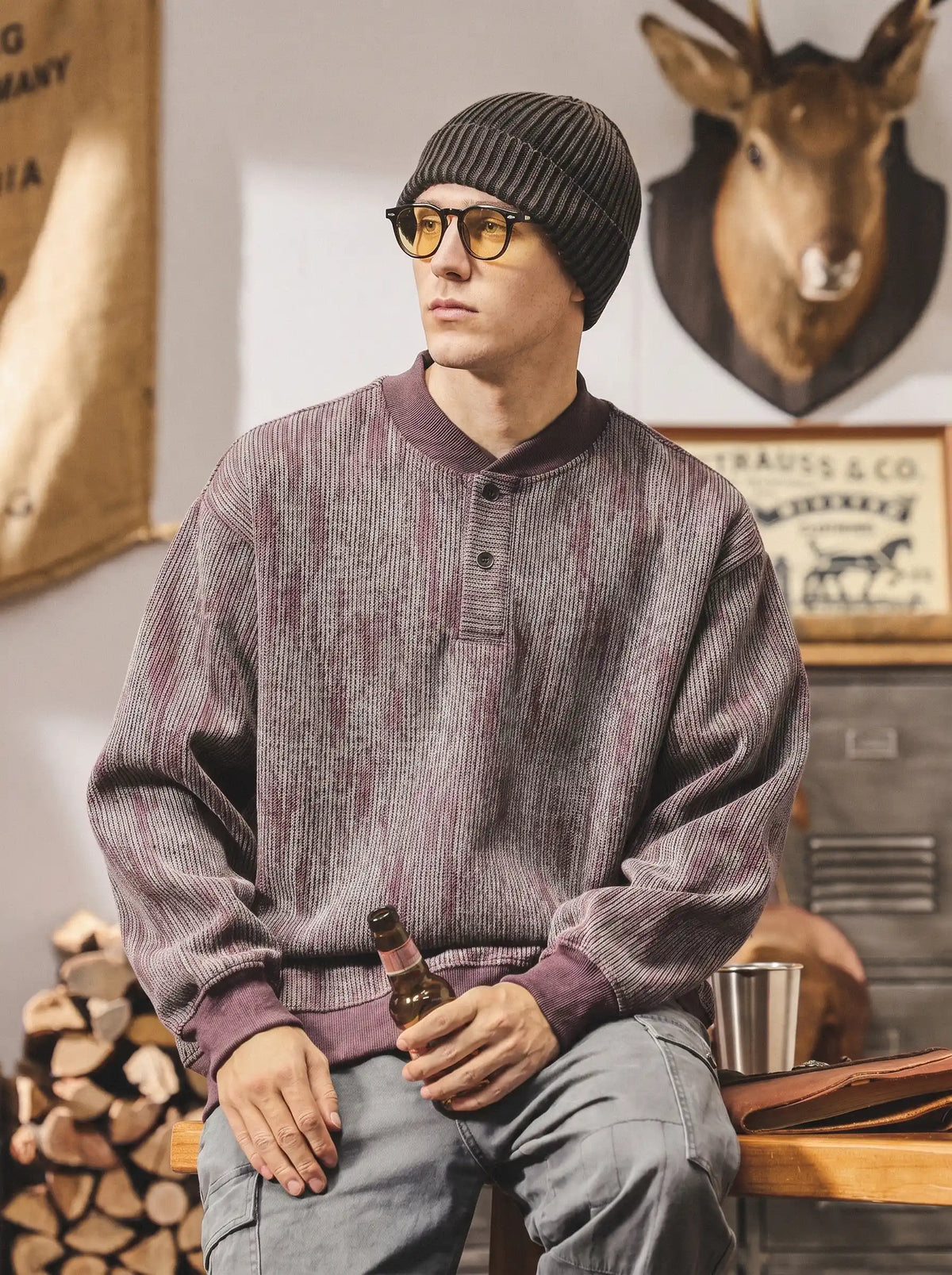Vintage-style Heavyweight, Loose-fit, Plus-size Henley Sweatshirt