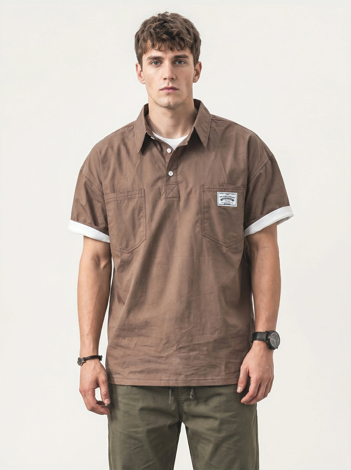 Stylish Casual Utility-style Layered Polo Shirt With A Fold-over Collar
