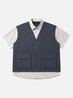 Retro Faux Two-piece Spliced multi-pocket Short-sleeve Work Shirt