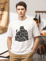 Vintage Sketch Black Fluffy Cats Printed Tee