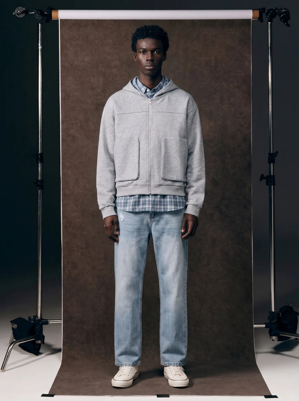 Faux Two-piece Style Loose-fit Plaid Hoodie