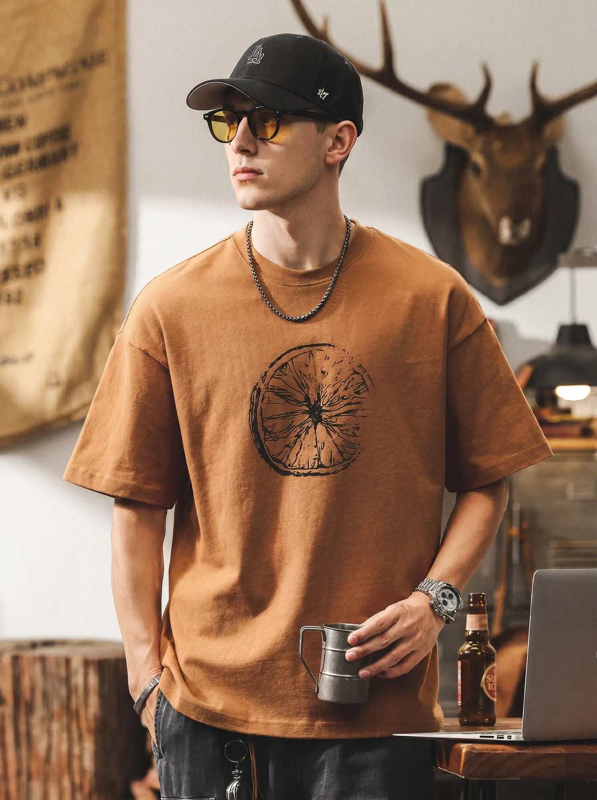 American Vintage-Style Printed Short-Sleeve T-Shirt