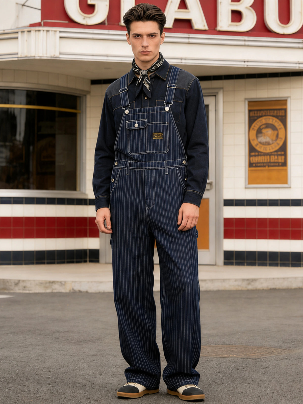 Retro Striped Denim Overalls