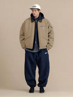 Retro Canvas & Leather-paneled Loose-fit Cotton Workwear Jacket