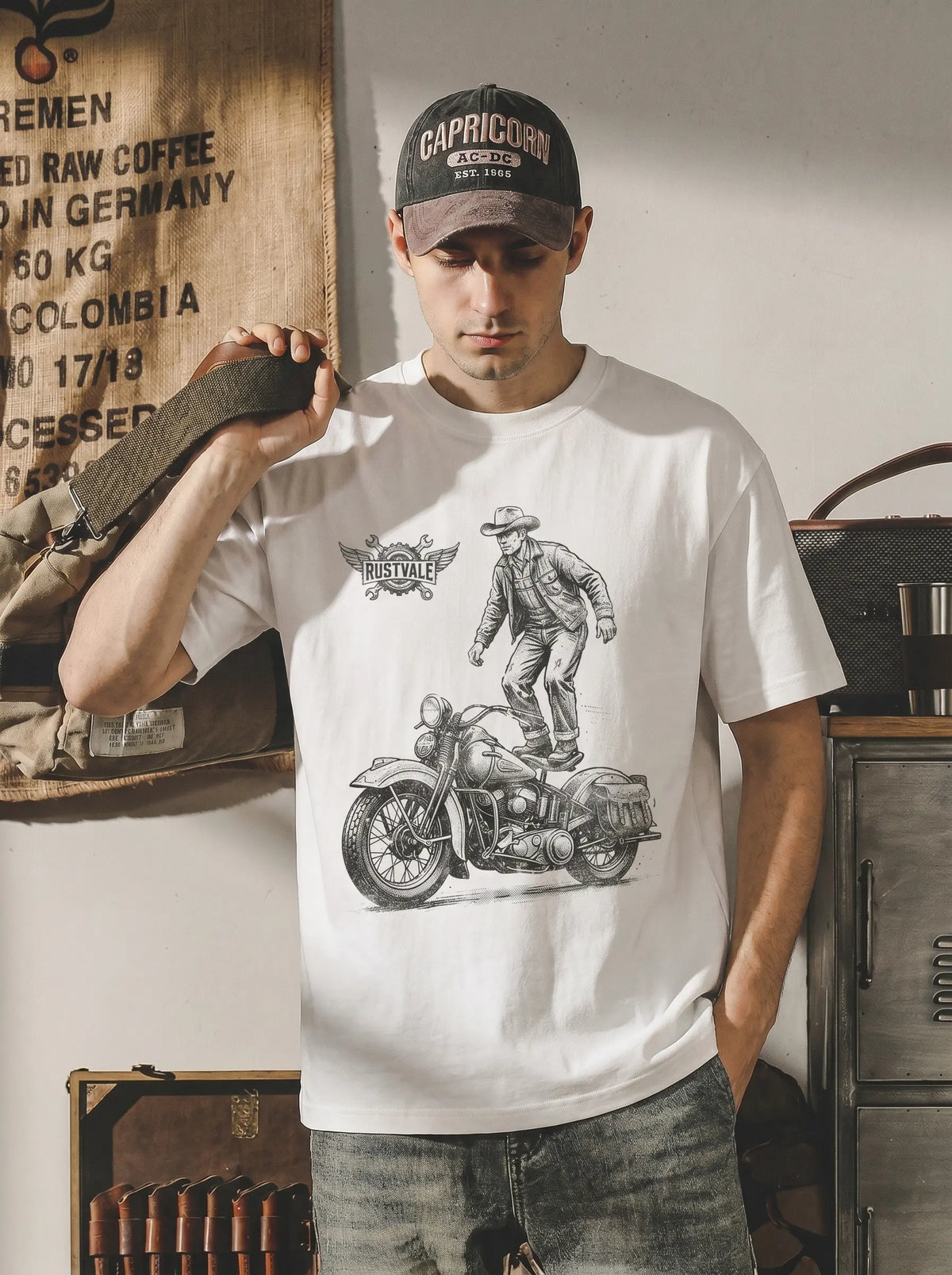 Western Cowboy Vintage Motorcycle Sketch Tee