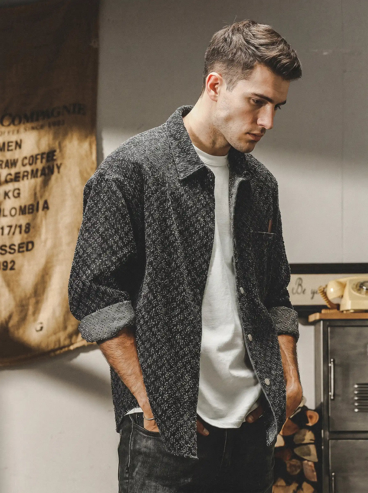 Stone-washed, Distressed Long-sleeve Shirt