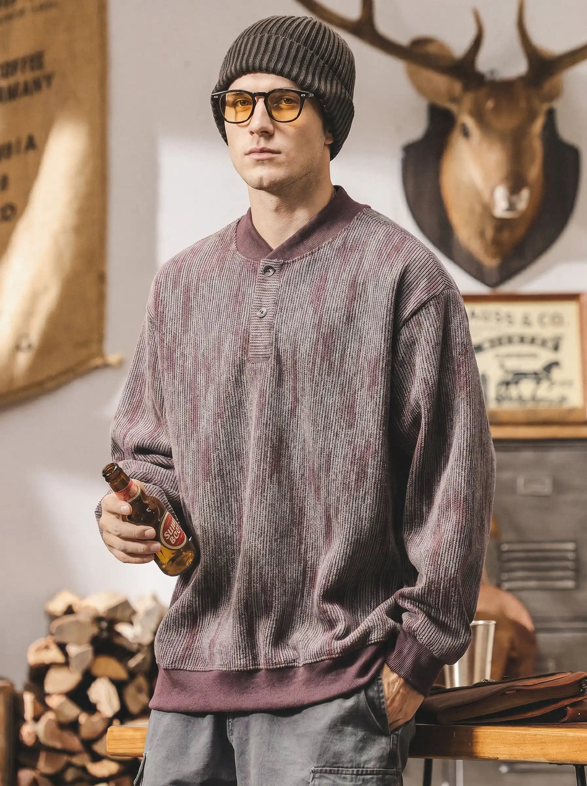 Vintage-style Heavyweight, Loose-fit, Plus-size Henley Sweatshirt
