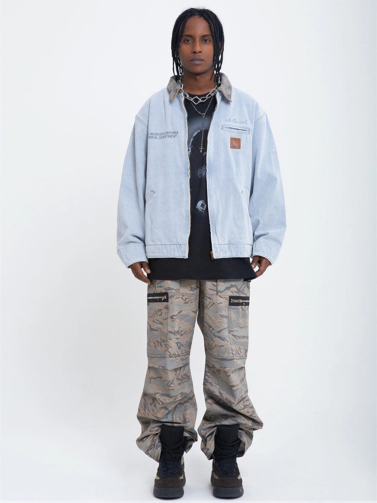 American-style Washed, Color-blocked Work Jacket