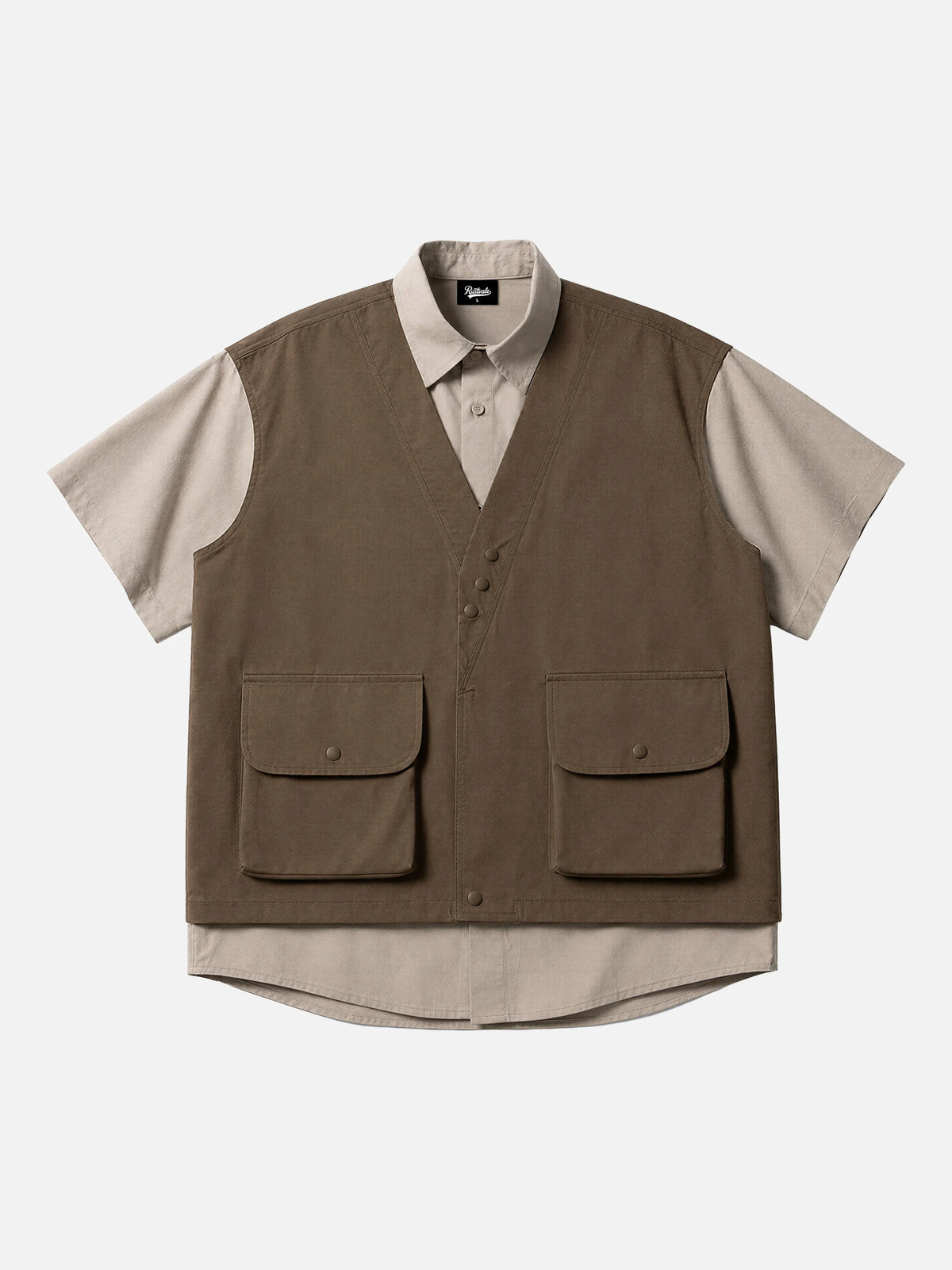 Retro Faux Two-piece Spliced multi-pocket Short-sleeve Work Shirt