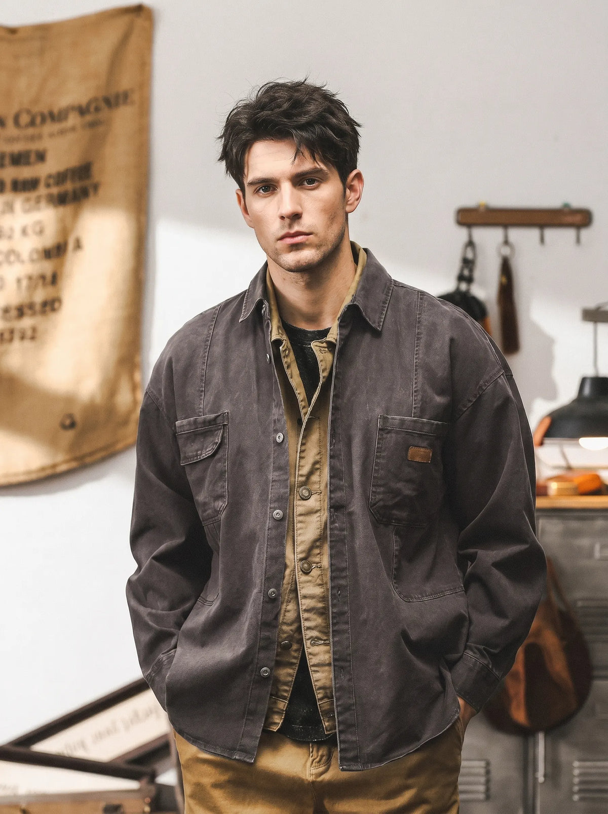 American-style Vintage Loose-fit Utility Overshirt