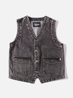 Americana-style Washed & Distressed Multi-pocket Denim Work Vest