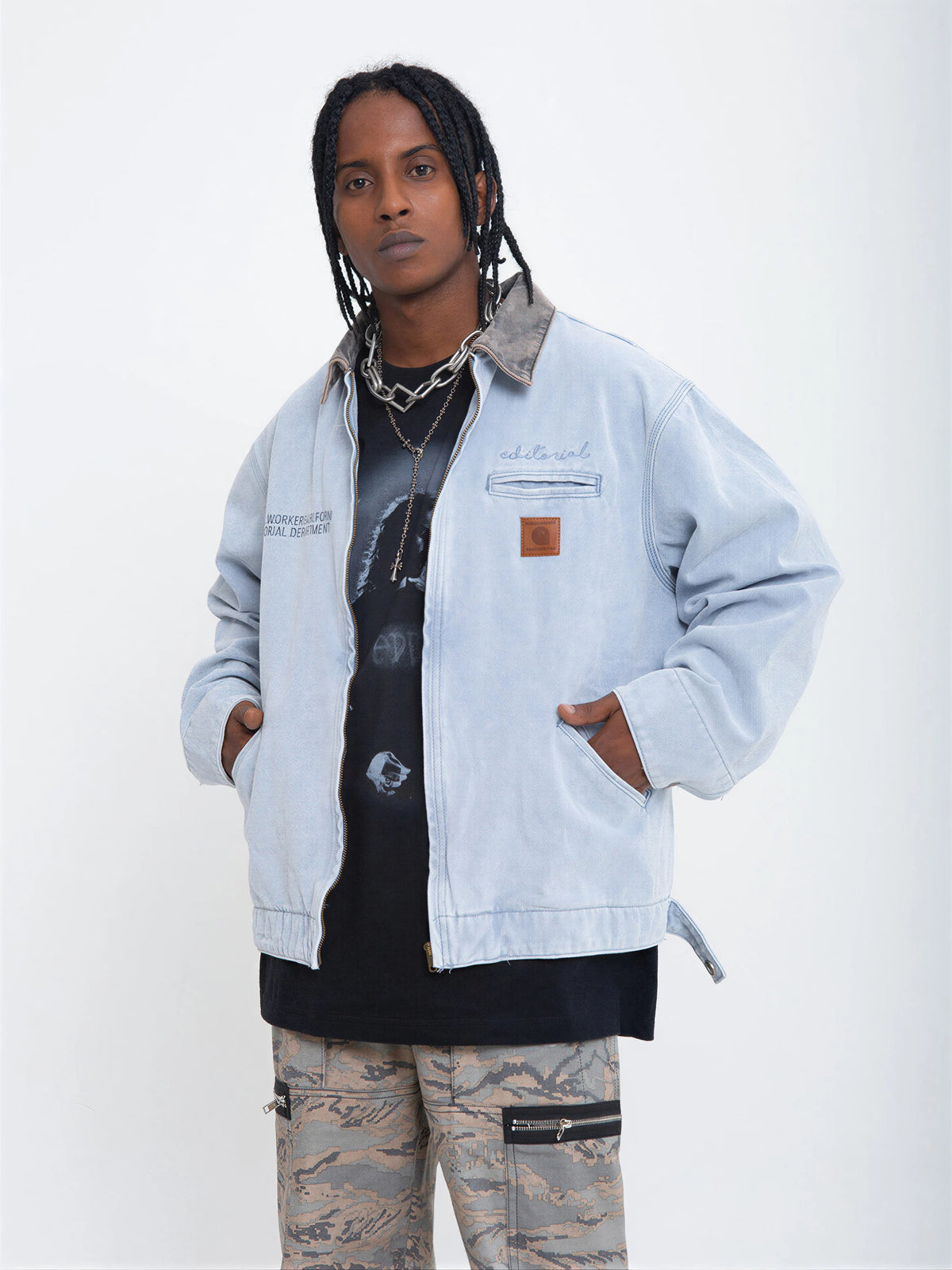 American-style Washed, Color-blocked Work Jacket