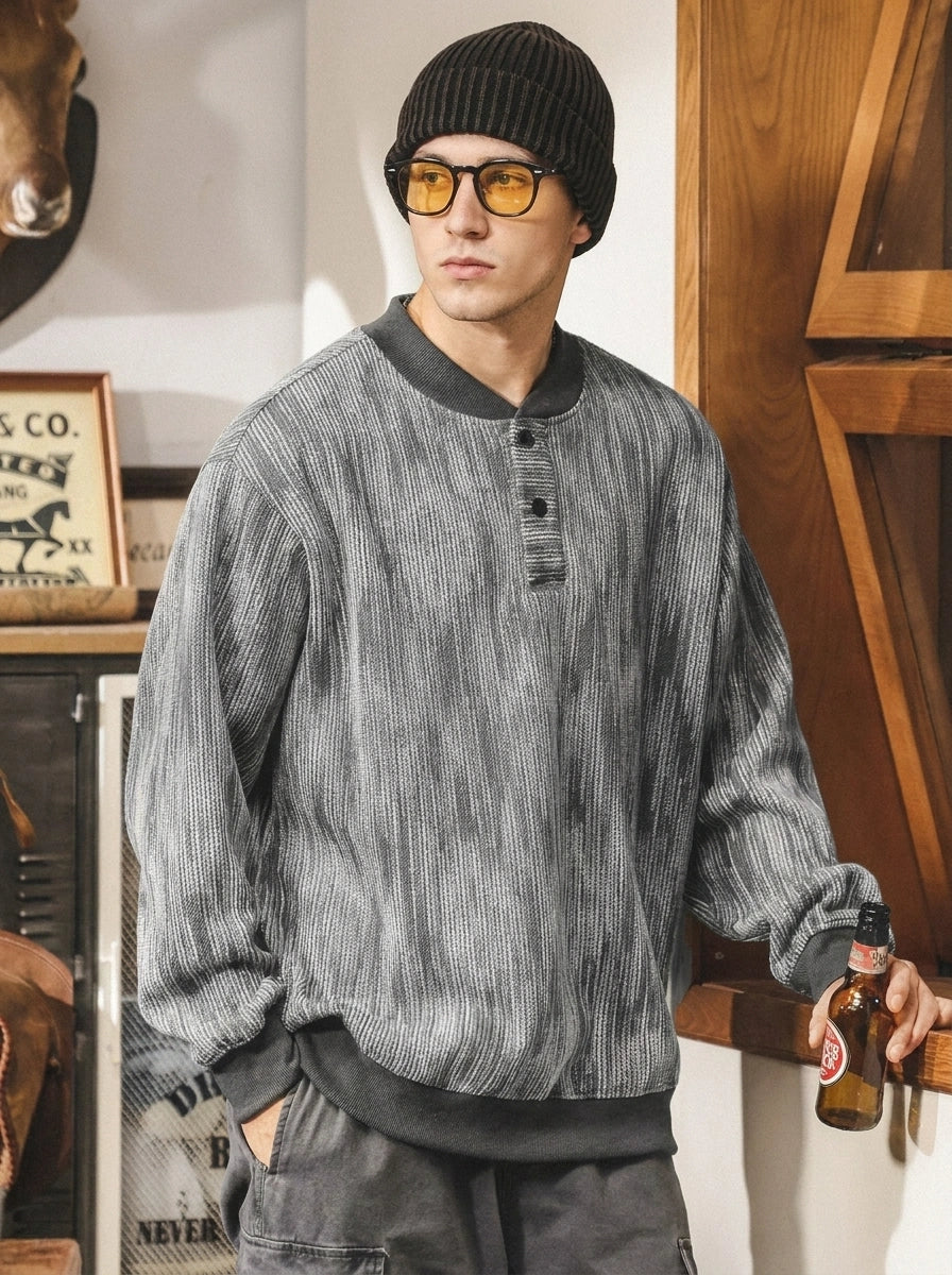 Vintage-style Heavyweight, Loose-fit, Plus-size Henley Sweatshirt