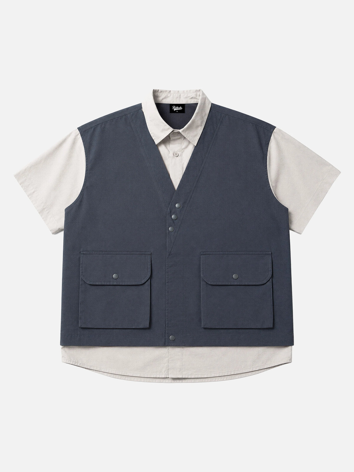 Retro Faux Two-piece Spliced multi-pocket Short-sleeve Work Shirt
