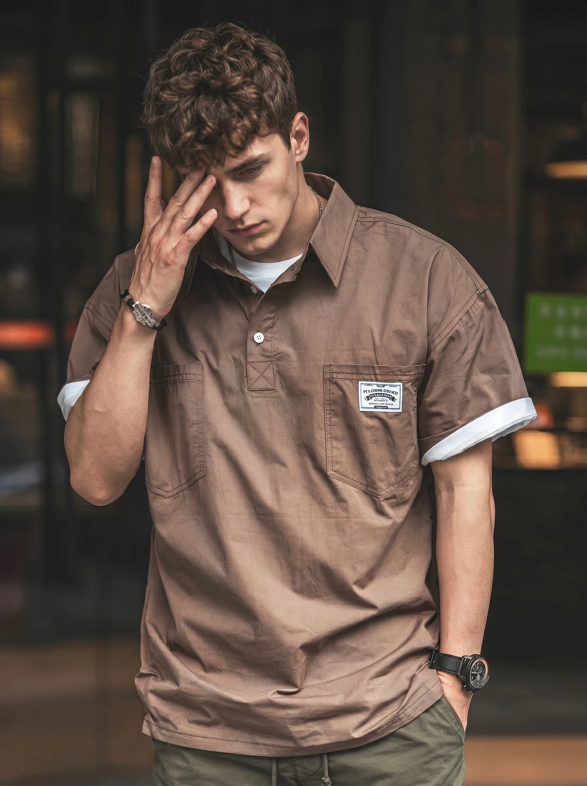 Stylish Casual Utility-style Layered Polo Shirt With A Fold-over Collar