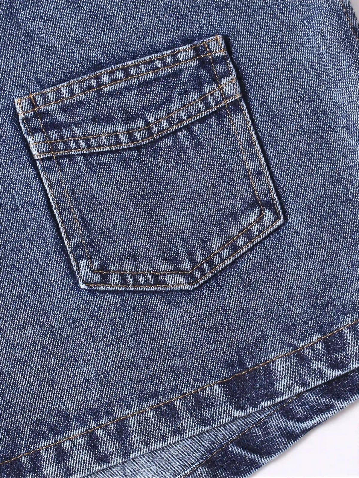 Americana-style Washed & Distressed Multi-pocket Denim Work Vest