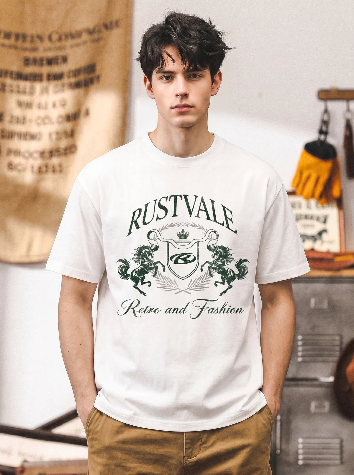 Retro And Fashion Series Double Steed Crest Graphic Tee