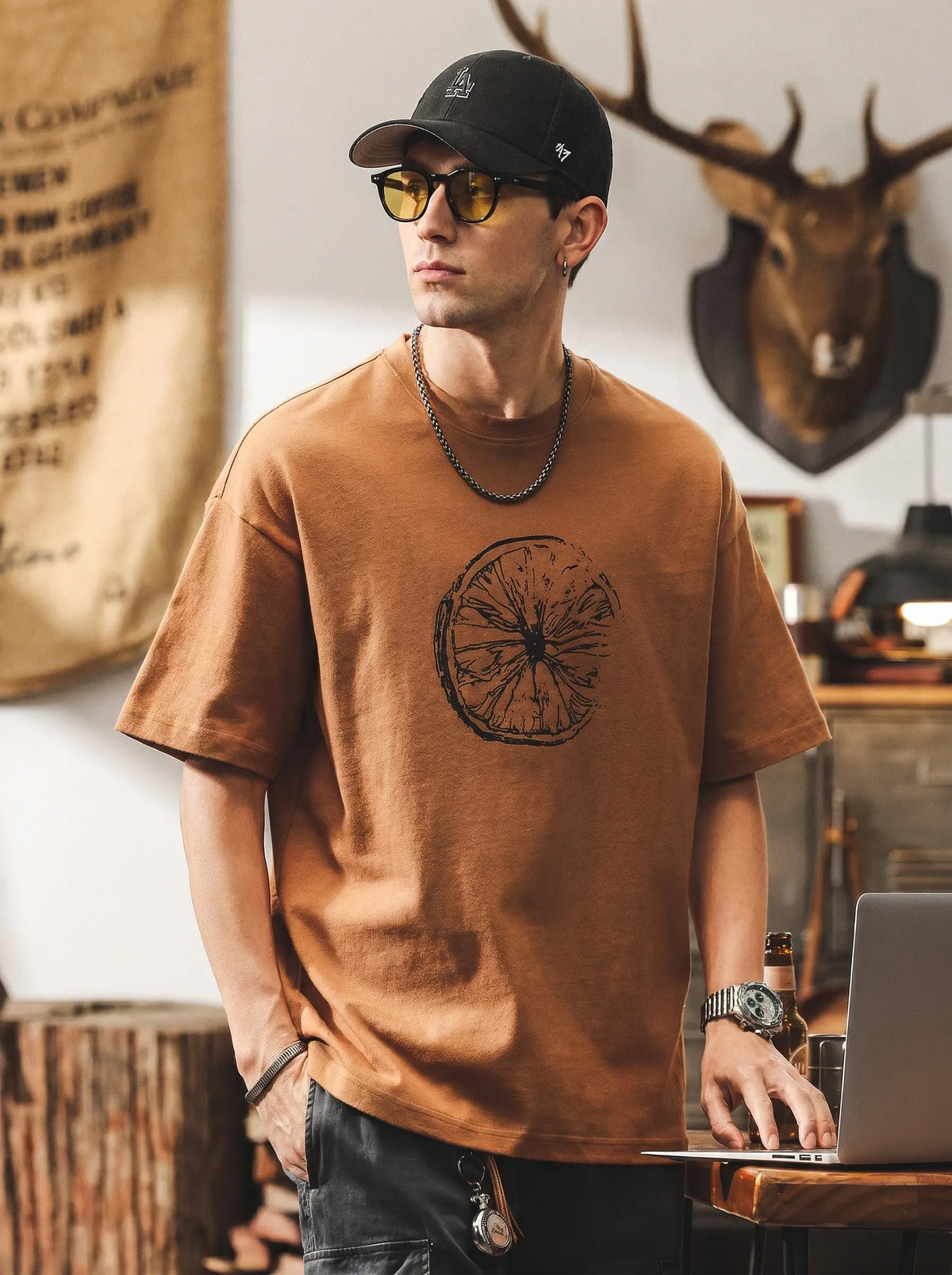 American Vintage-Style Printed Short-Sleeve T-Shirt