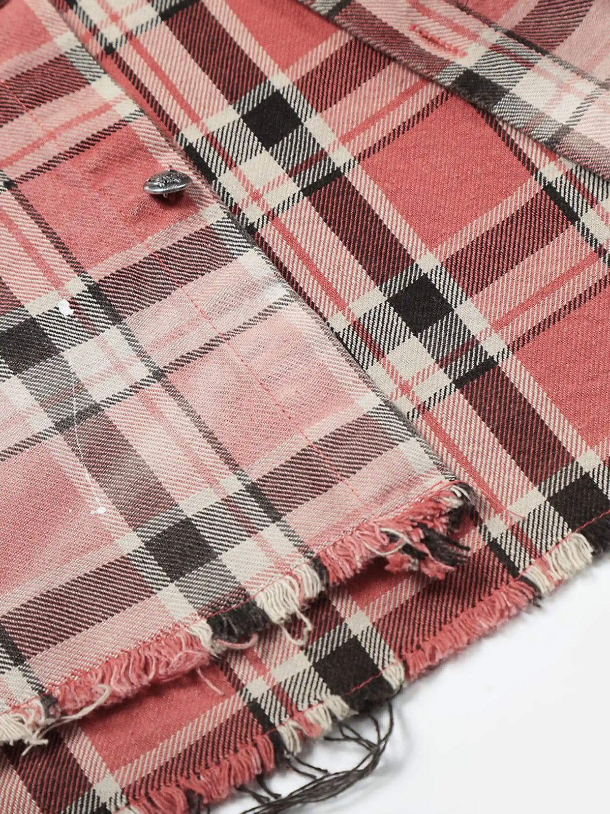 Retro Ombré Frayed-hem Plaid Long-sleeve Shirt