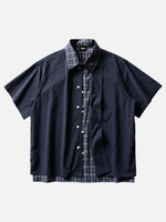 Retro Plaid Faux Two-piece Spliced short-sleeve Shirt