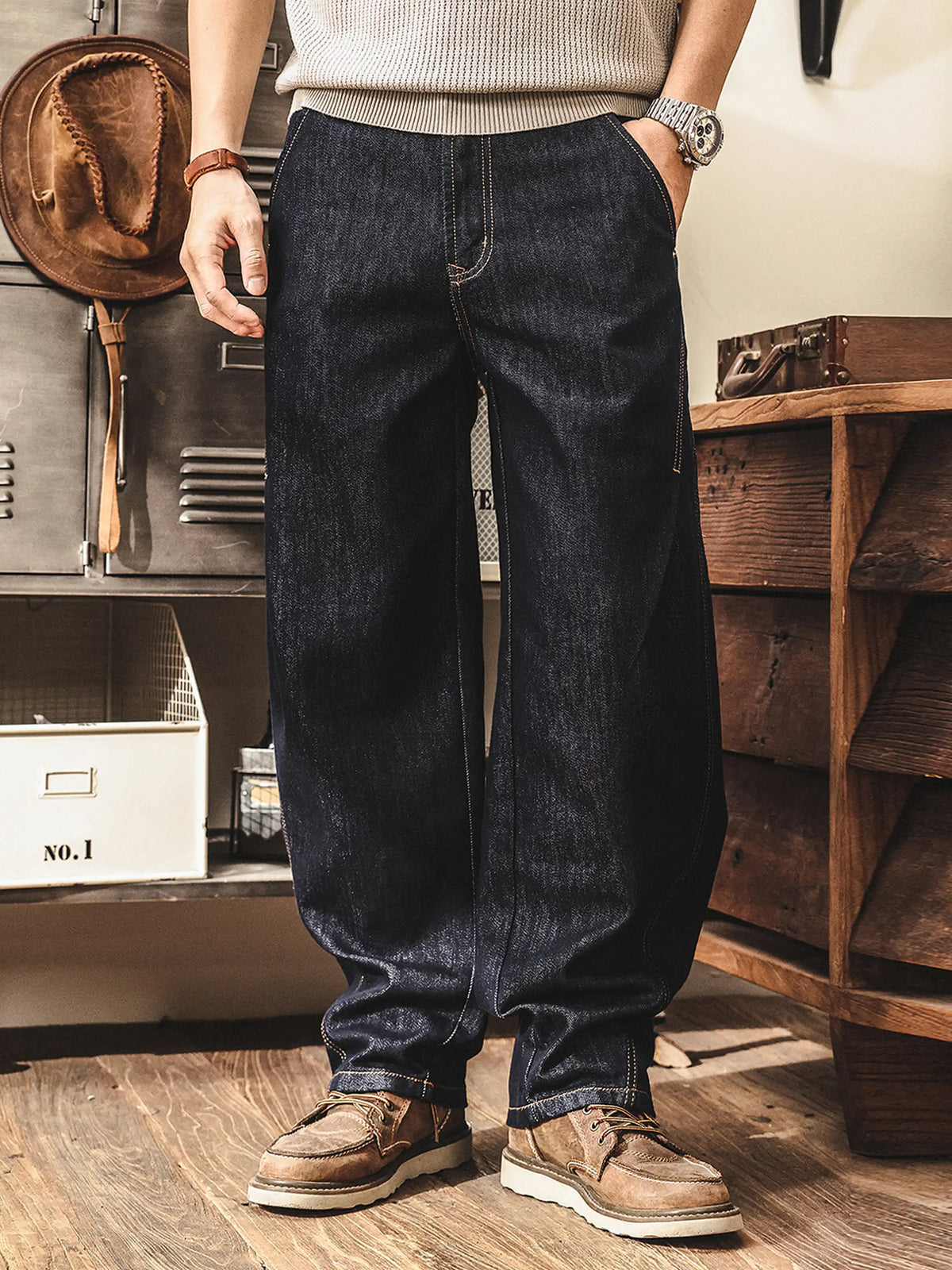 American-style Raw Denim Wide-leg "saber" Straight-fit Jeans