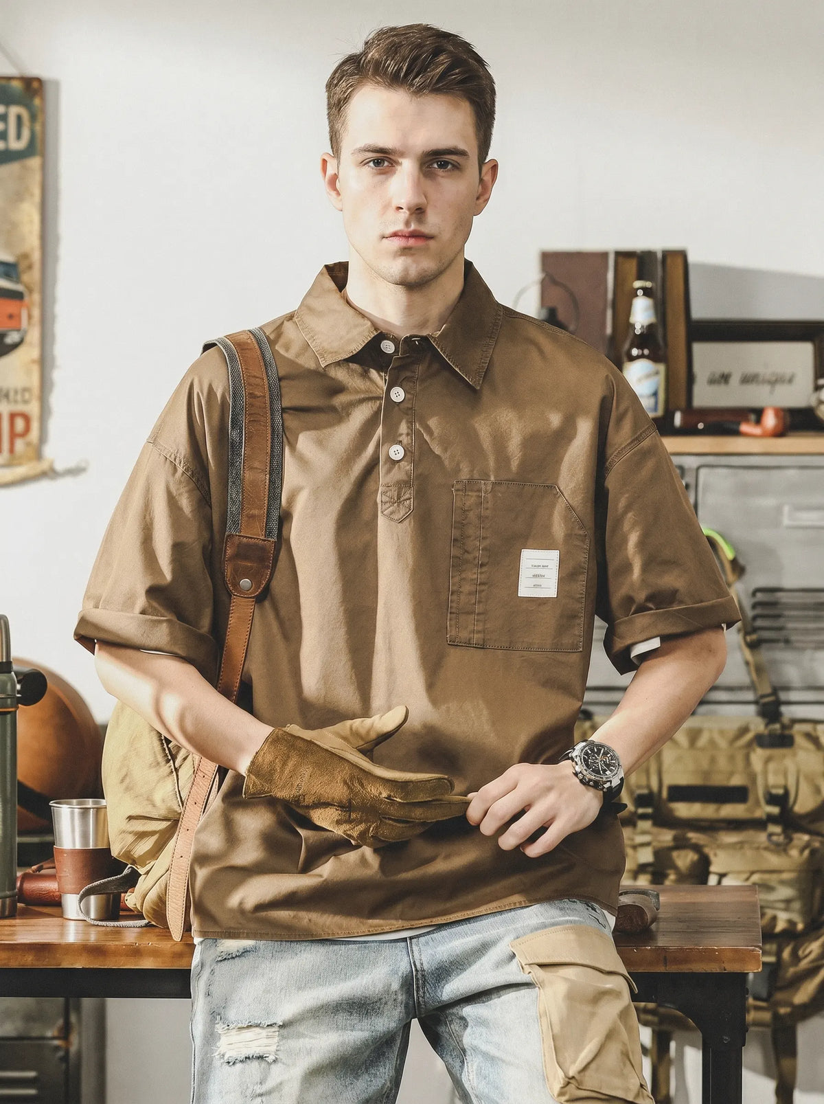 Retro Heavyweight Washed Short-Sleeve Polo Shirt