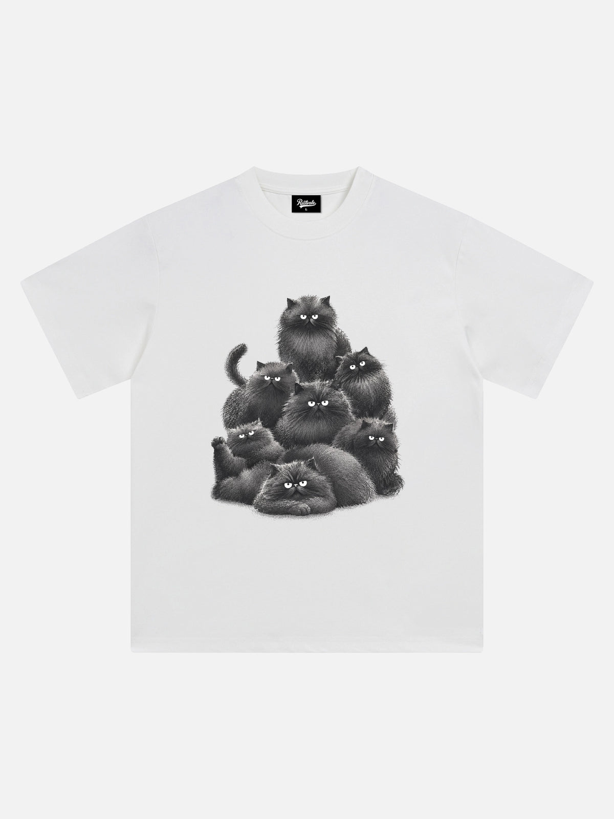 Vintage Sketch Black Fluffy Cats Printed Tee