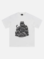 Vintage Sketch Black Fluffy Cats Printed Tee