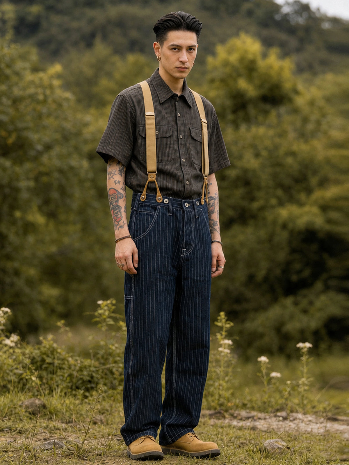 Wide-leg Striped Cargo Jeans (suspenders Not Included)