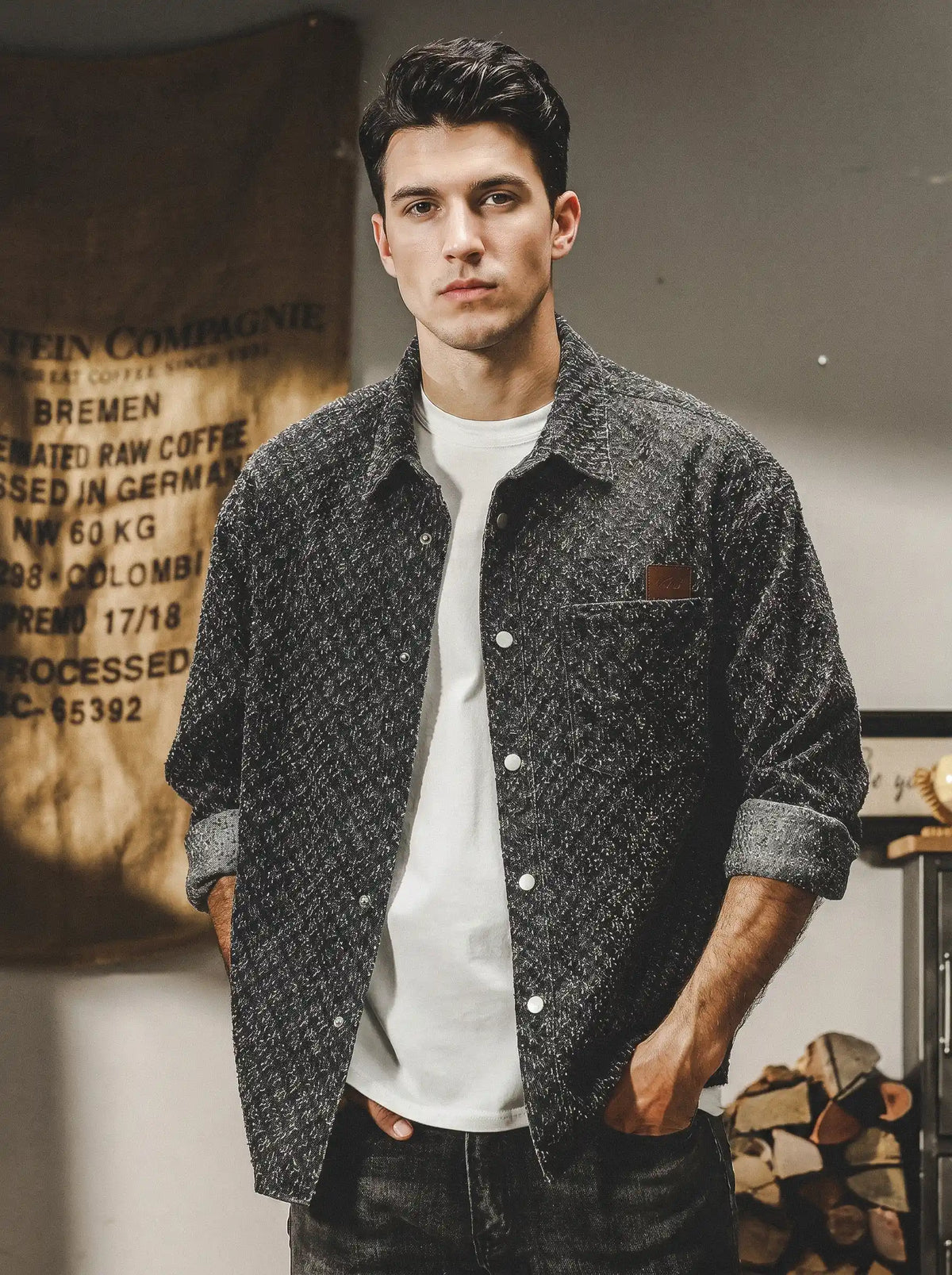 Stone-washed, Distressed Long-sleeve Shirt