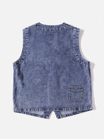 Americana-style Washed & Distressed Multi-pocket Denim Work Vest