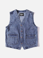 Americana-style Washed & Distressed Multi-pocket Denim Work Vest