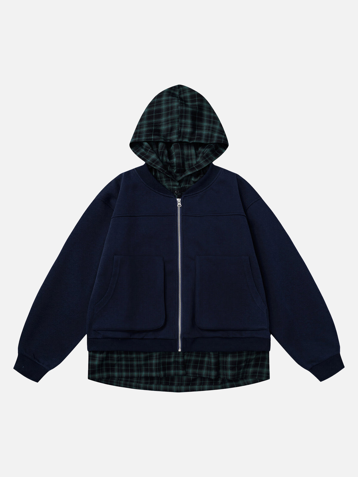 Faux Two-piece Style Loose-fit Plaid Hoodie