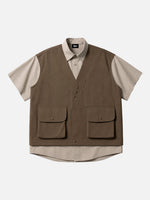 Retro Faux Two-piece Spliced multi-pocket Short-sleeve Work Shirt